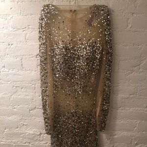 Jovani Nude Sheer Long Sleeve Beaded Short Dress,